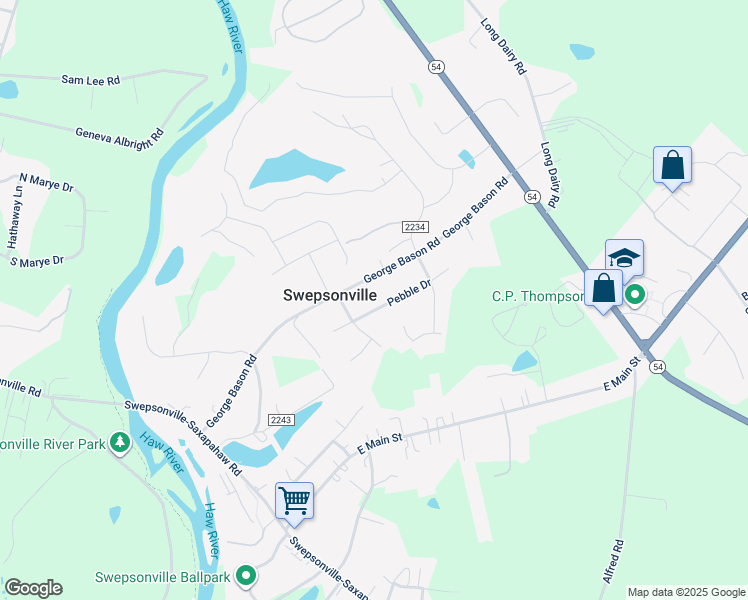 map of restaurants, bars, coffee shops, grocery stores, and more near 1328 Pebble Drive in Graham