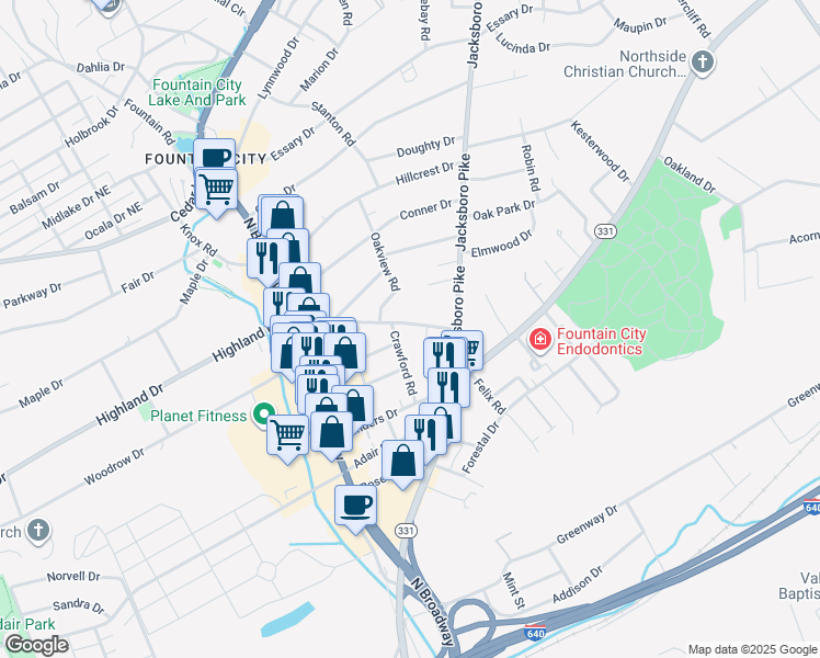 map of restaurants, bars, coffee shops, grocery stores, and more near 3014 Rennoc Road in Knoxville