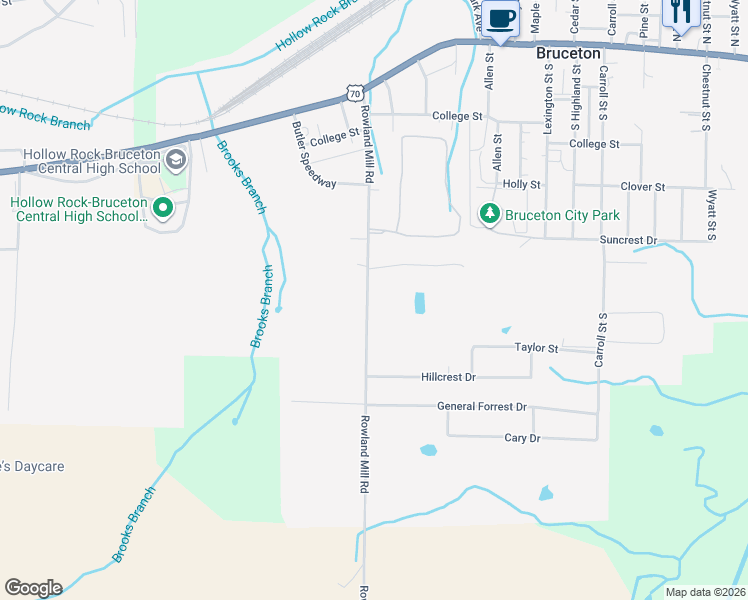 map of restaurants, bars, coffee shops, grocery stores, and more near 427 Rowland Mill Road in Bruceton