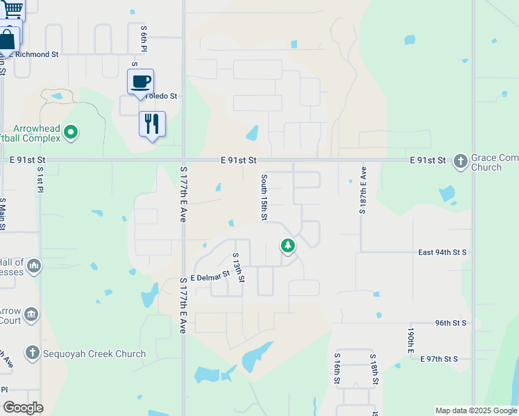 map of restaurants, bars, coffee shops, grocery stores, and more near 1416 South 15th Street in Broken Arrow