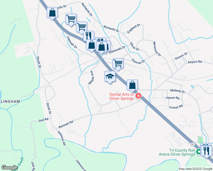 map of restaurants, bars, coffee shops, grocery stores, and more near 805 East Tri County Boulevard in Oliver Springs