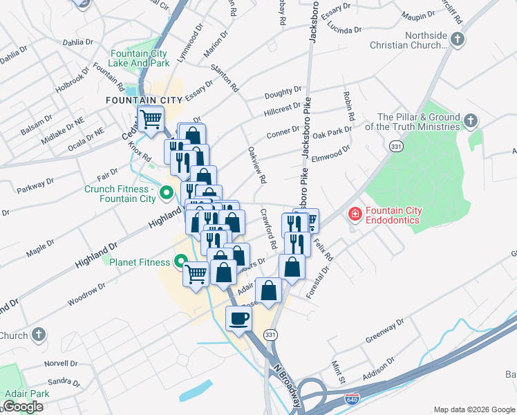 map of restaurants, bars, coffee shops, grocery stores, and more near 2946 Rennoc Road in Knoxville