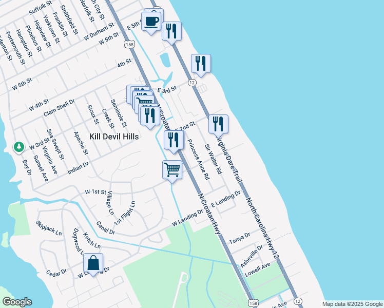 map of restaurants, bars, coffee shops, grocery stores, and more near 1610 Princess Anne Road in Kill Devil Hills