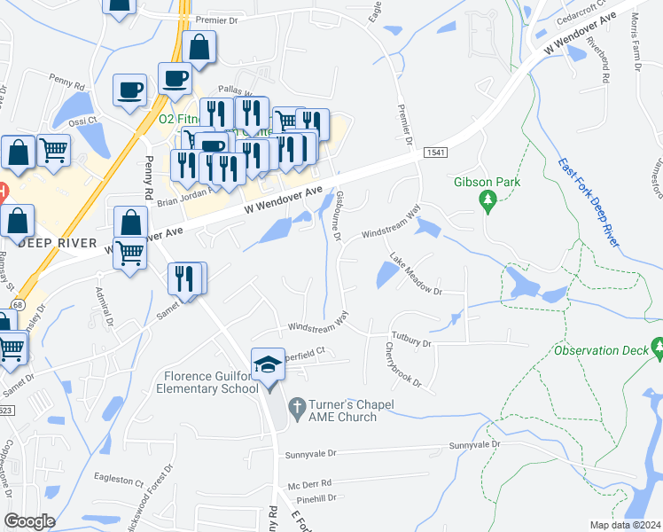 map of restaurants, bars, coffee shops, grocery stores, and more near 3815 Windstream Way in Jamestown