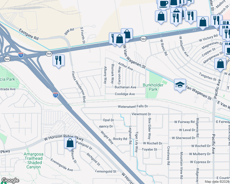 map of restaurants, bars, coffee shops, grocery stores, and more near 612 Coolidge Avenue in Henderson