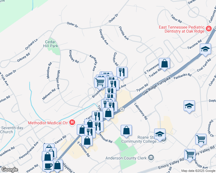 map of restaurants, bars, coffee shops, grocery stores, and more near 213 Broadway Avenue in Oak Ridge