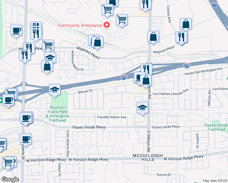 map of restaurants, bars, coffee shops, grocery stores, and more near 1087 Bootspur Drive in Henderson