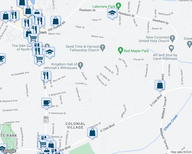 map of restaurants, bars, coffee shops, grocery stores, and more near 2631 Glenbrook Drive in Durham