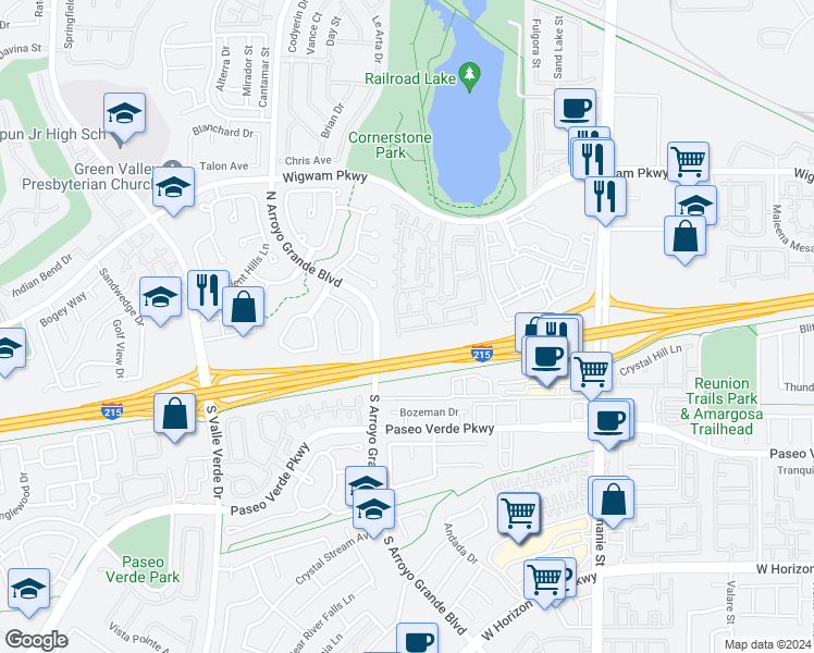 map of restaurants, bars, coffee shops, grocery stores, and more near 1525 Spiced Wine Avenue in Henderson