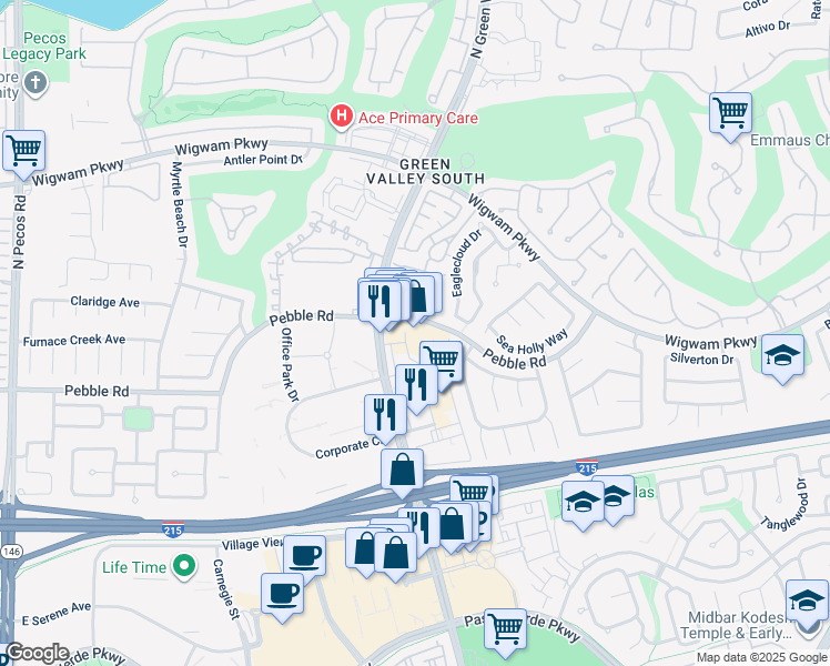 map of restaurants, bars, coffee shops, grocery stores, and more near 1550 North Green Valley Parkway in Henderson