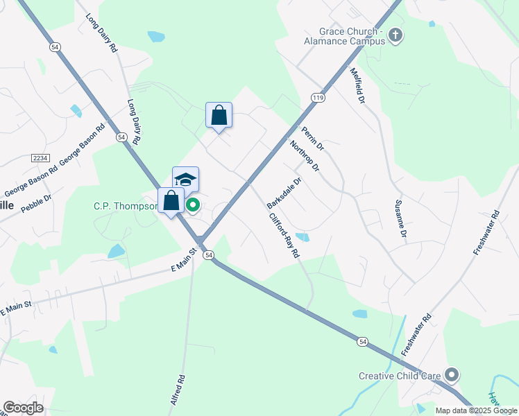 map of restaurants, bars, coffee shops, grocery stores, and more near 2635 Clifford-Ray Road in Haw River
