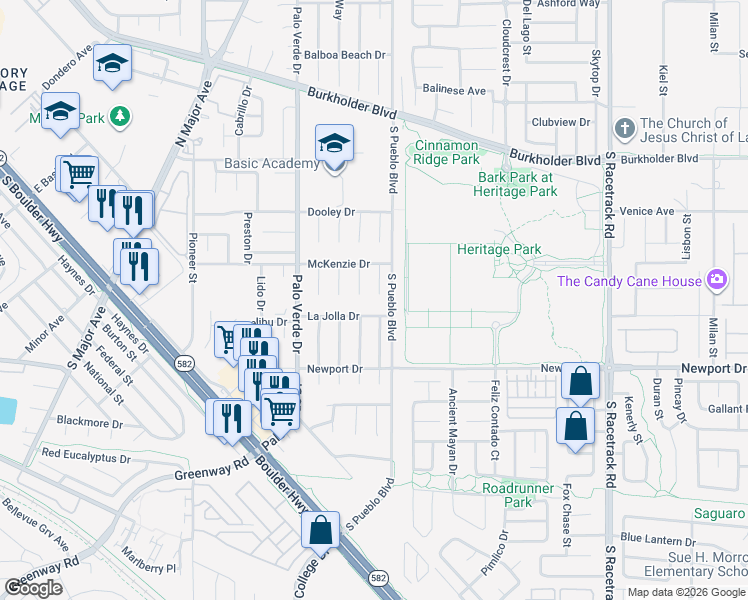 map of restaurants, bars, coffee shops, grocery stores, and more near 231 Queen Marie Court in Henderson