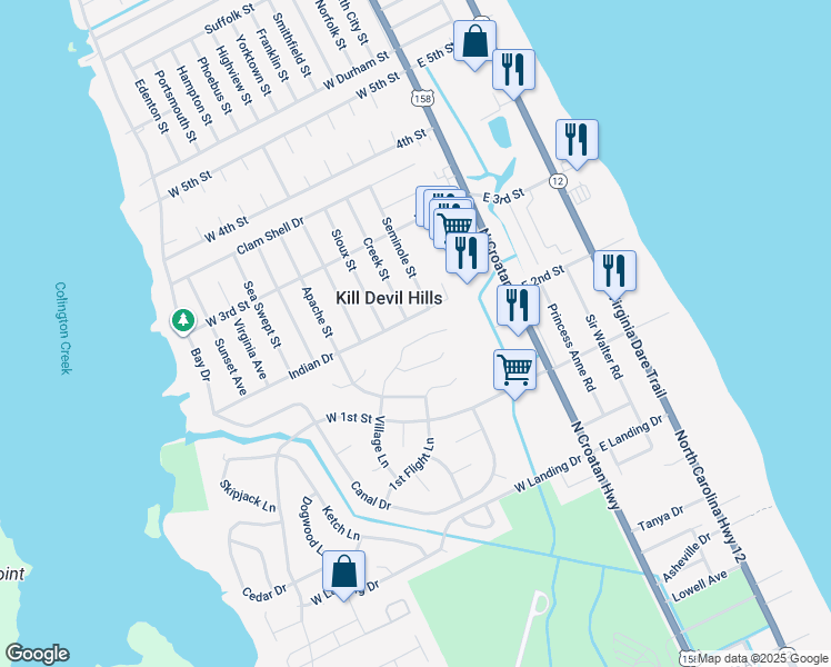 map of restaurants, bars, coffee shops, grocery stores, and more near 1636 Village Lane in Kill Devil Hills
