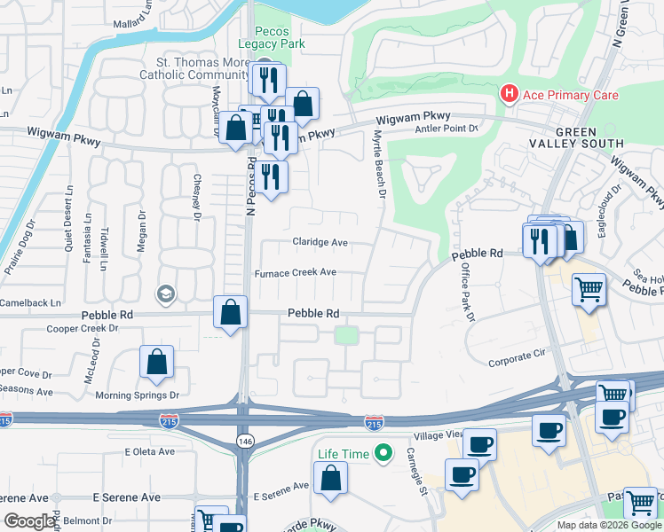 map of restaurants, bars, coffee shops, grocery stores, and more near 35 Glen Eden Court in Henderson