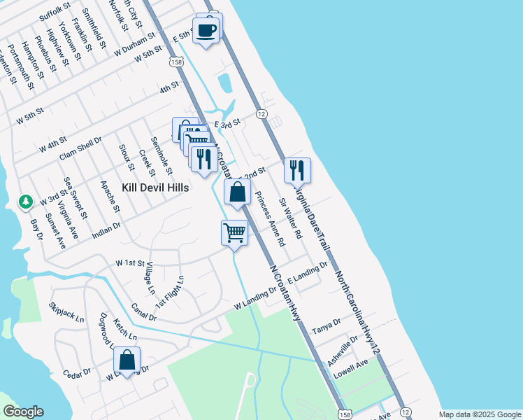 map of restaurants, bars, coffee shops, grocery stores, and more near 1610 Princess Anne Road in Kill Devil Hills