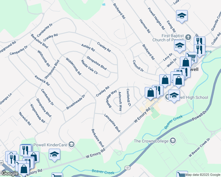 map of restaurants, bars, coffee shops, grocery stores, and more near 7636 Cranley Road in Powell