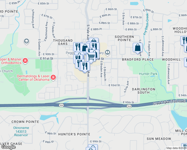 map of restaurants, bars, coffee shops, grocery stores, and more near 9150 South Braden Avenue in Tulsa