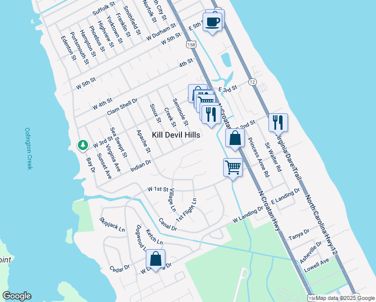 map of restaurants, bars, coffee shops, grocery stores, and more near 1636 Village Lane in Kill Devil Hills