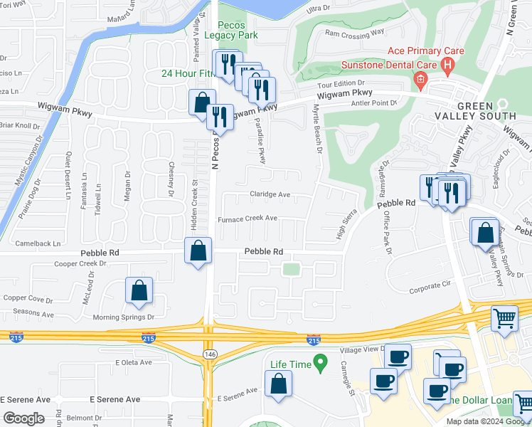 map of restaurants, bars, coffee shops, grocery stores, and more near 2522 Furnace Creek Avenue in Henderson