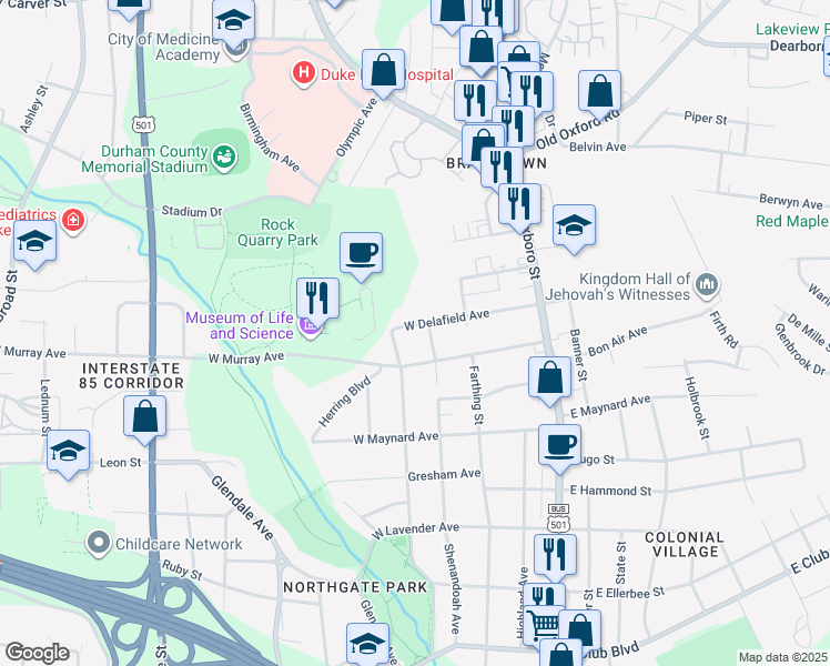 map of restaurants, bars, coffee shops, grocery stores, and more near 304 West Delafield Avenue in Durham