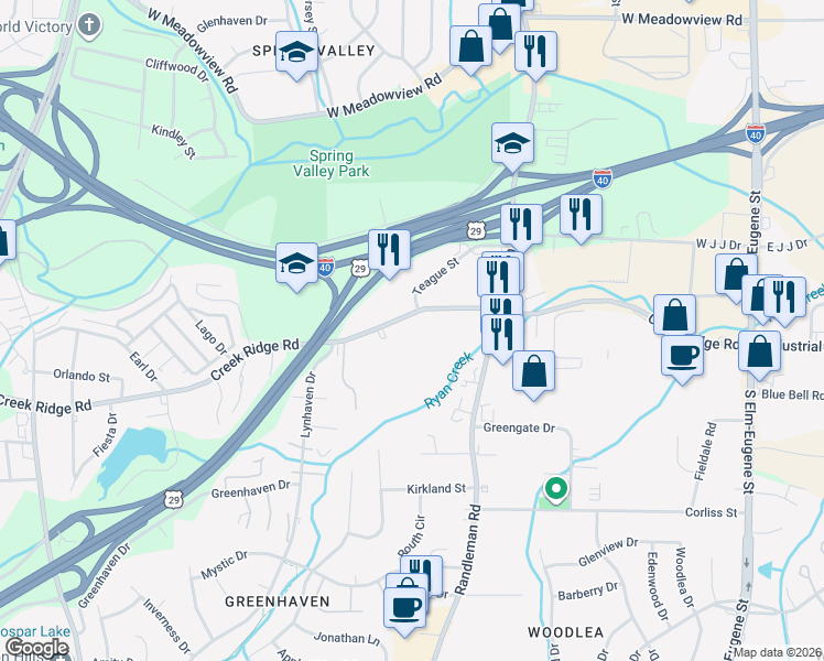 map of restaurants, bars, coffee shops, grocery stores, and more near 515 Creek Ridge Road in Greensboro