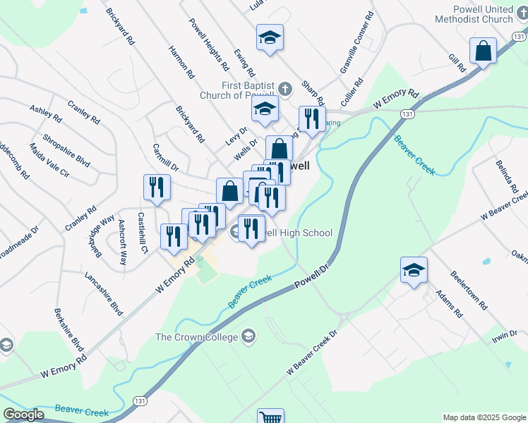 map of restaurants, bars, coffee shops, grocery stores, and more near 2107 West Emory Road in Powell