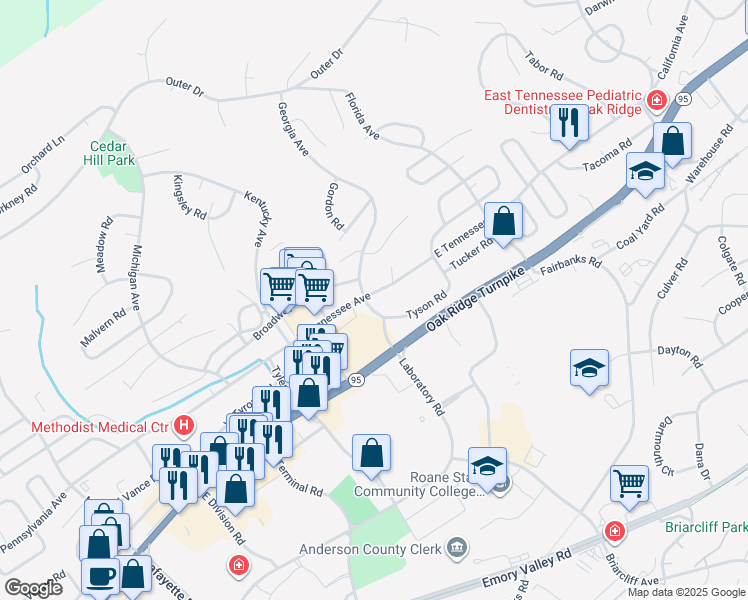 map of restaurants, bars, coffee shops, grocery stores, and more near 101 East Tennessee Avenue in Oak Ridge
