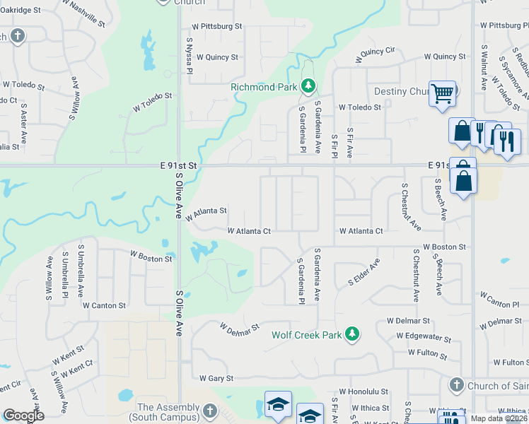 map of restaurants, bars, coffee shops, grocery stores, and more near 2310 South Indianwood Avenue in Broken Arrow