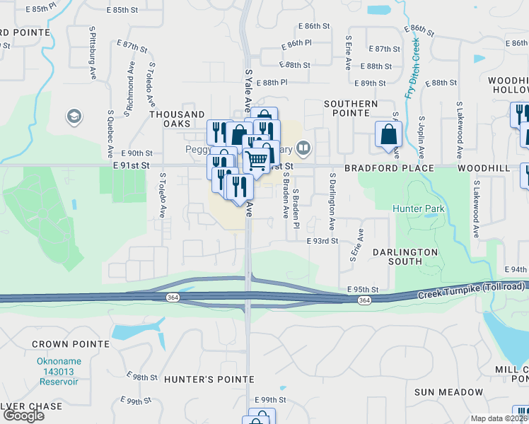 map of restaurants, bars, coffee shops, grocery stores, and more near 9150 South Braden Avenue in Tulsa