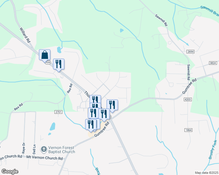 map of restaurants, bars, coffee shops, grocery stores, and more near 4710 Merriweather Road in Winston-Salem