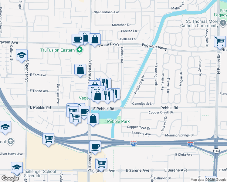 map of restaurants, bars, coffee shops, grocery stores, and more near 2549 Parker James Avenue in Henderson