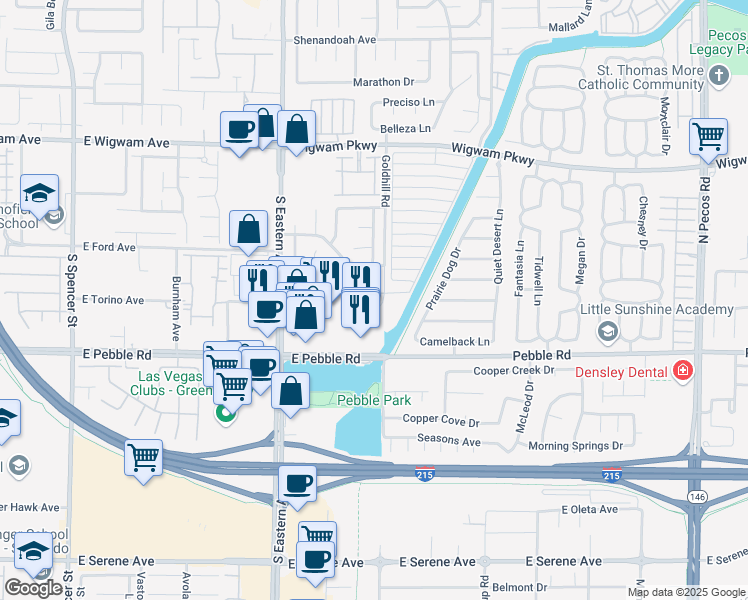 map of restaurants, bars, coffee shops, grocery stores, and more near 2579 Parker James Avenue in Henderson