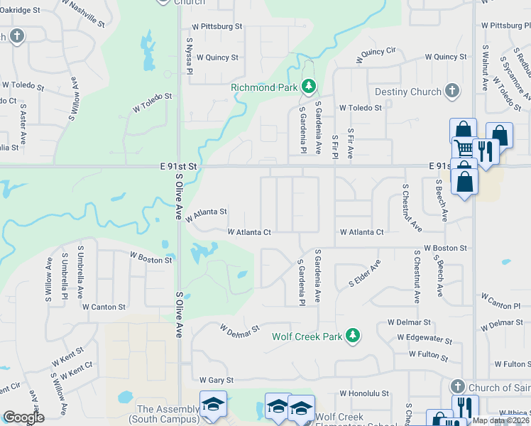 map of restaurants, bars, coffee shops, grocery stores, and more near 2310 South Indianwood Avenue in Broken Arrow