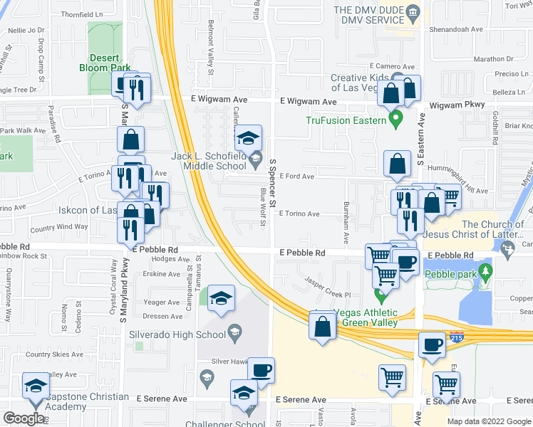 map of restaurants, bars, coffee shops, grocery stores, and more near 8800 Blue Wolf Street in Las Vegas