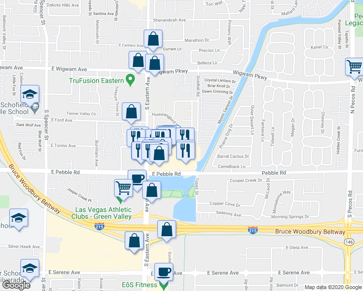 map of restaurants, bars, coffee shops, grocery stores, and more near 2537 Parker James Avenue in Henderson
