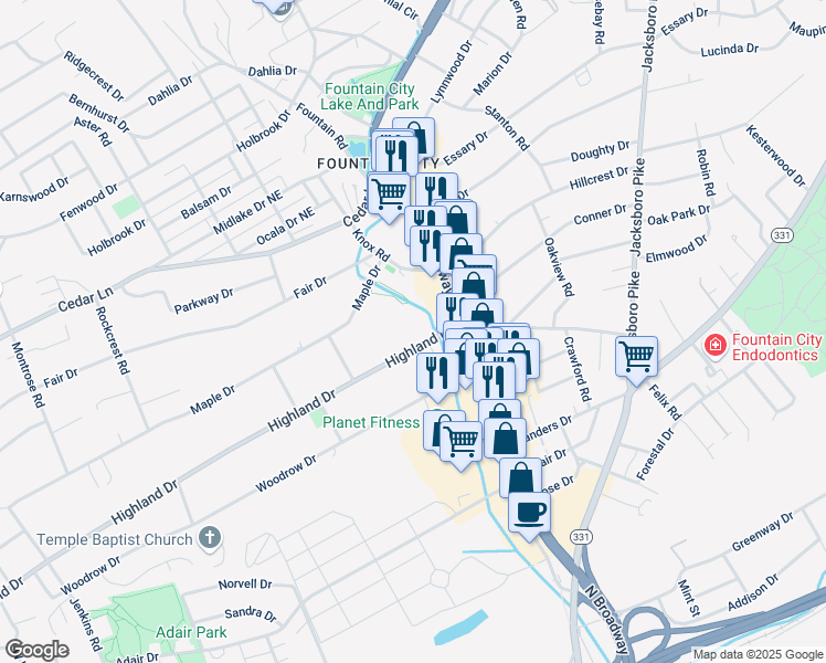 map of restaurants, bars, coffee shops, grocery stores, and more near 5003 North Broadway Street in Knoxville