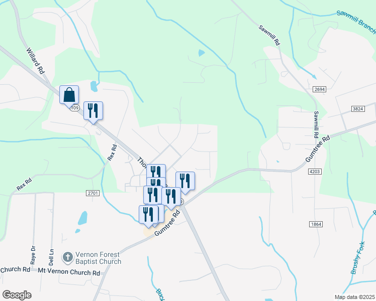 map of restaurants, bars, coffee shops, grocery stores, and more near 4700 Merriweather Road in Winston-Salem