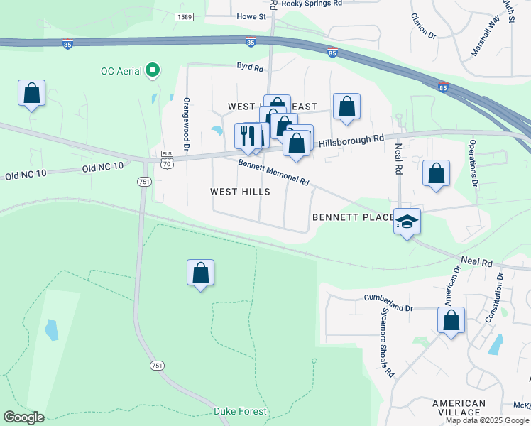 map of restaurants, bars, coffee shops, grocery stores, and more near 2206 Sparger Road in Durham