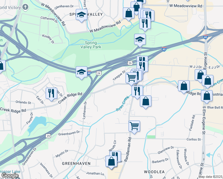map of restaurants, bars, coffee shops, grocery stores, and more near 607 Creek Ridge Road in Greensboro