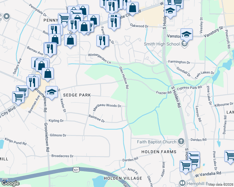 map of restaurants, bars, coffee shops, grocery stores, and more near 3723 Frazier Road in Greensboro