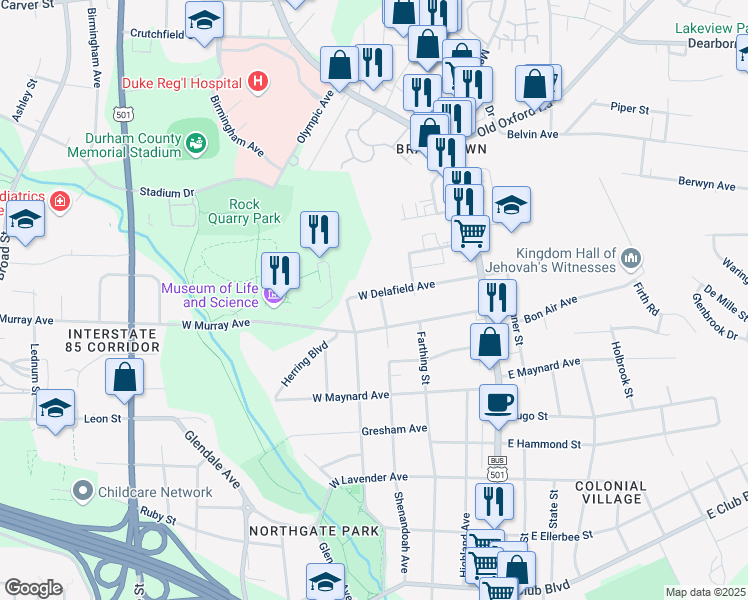 map of restaurants, bars, coffee shops, grocery stores, and more near 3011 Shenandoah Avenue in Durham