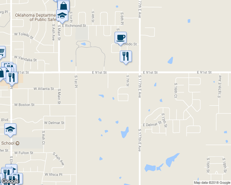 map of restaurants, bars, coffee shops, grocery stores, and more near 2512 South 6th Street in Broken Arrow