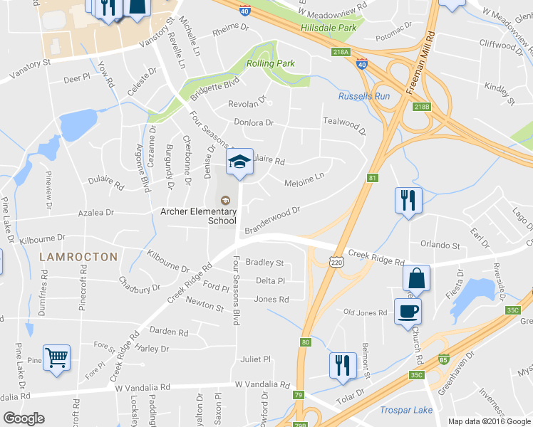 map of restaurants, bars, coffee shops, grocery stores, and more near 3014 Branderwood Drive in Greensboro