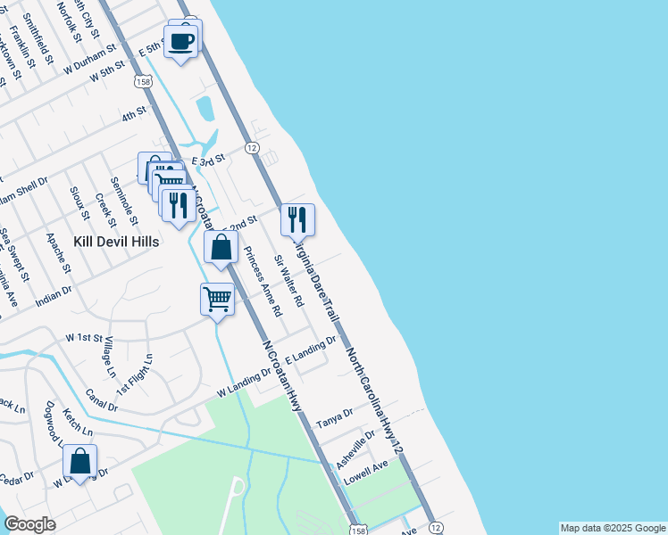 map of restaurants, bars, coffee shops, grocery stores, and more near 1541 North Virginia Dare Trail in Kill Devil Hills