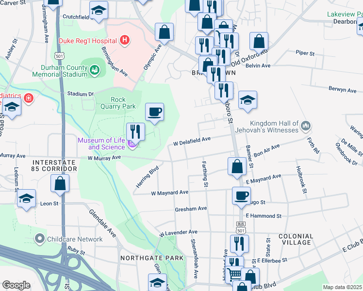 map of restaurants, bars, coffee shops, grocery stores, and more near 3011 Shenandoah Avenue in Durham