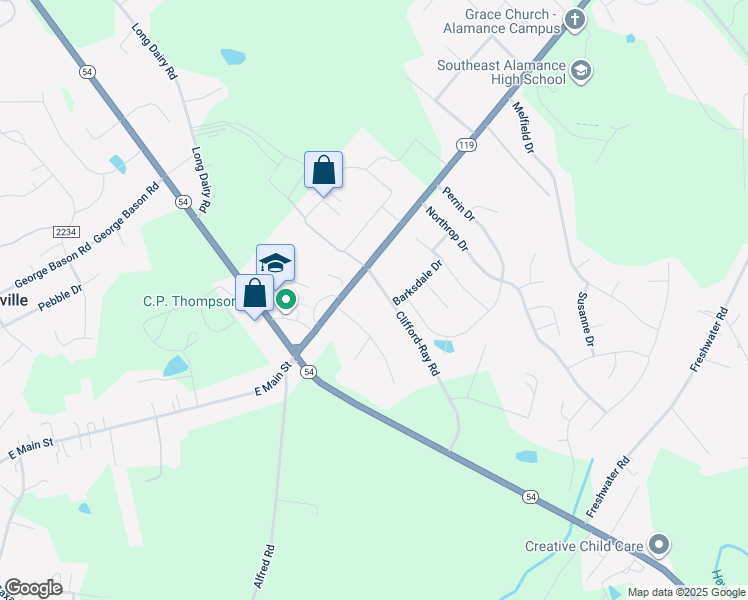 map of restaurants, bars, coffee shops, grocery stores, and more near 2611 Clifford-Ray Road in Haw River