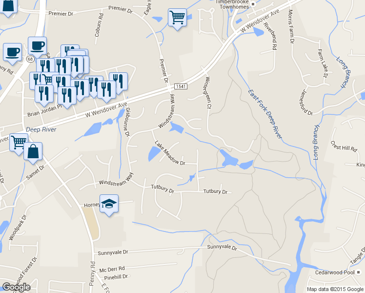 map of restaurants, bars, coffee shops, grocery stores, and more near 3440 Silverlake Court in Jamestown