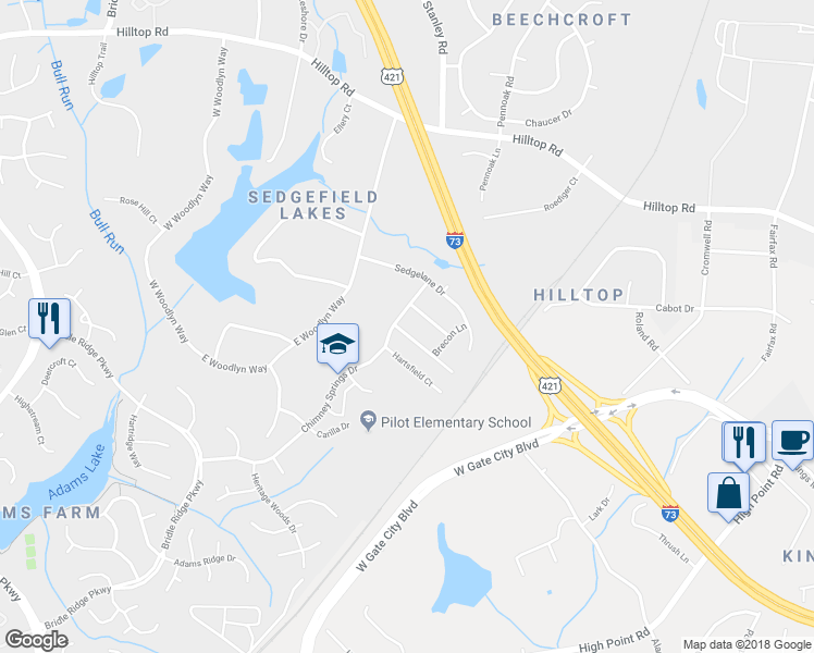 map of restaurants, bars, coffee shops, grocery stores, and more near 3 Pilot Ridge Court in Greensboro