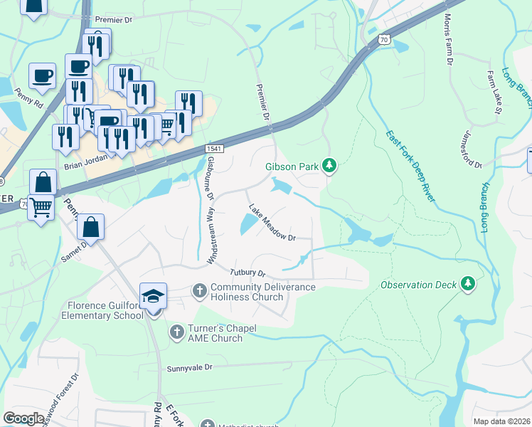map of restaurants, bars, coffee shops, grocery stores, and more near 3921 Lake Meadow Drive in Jamestown