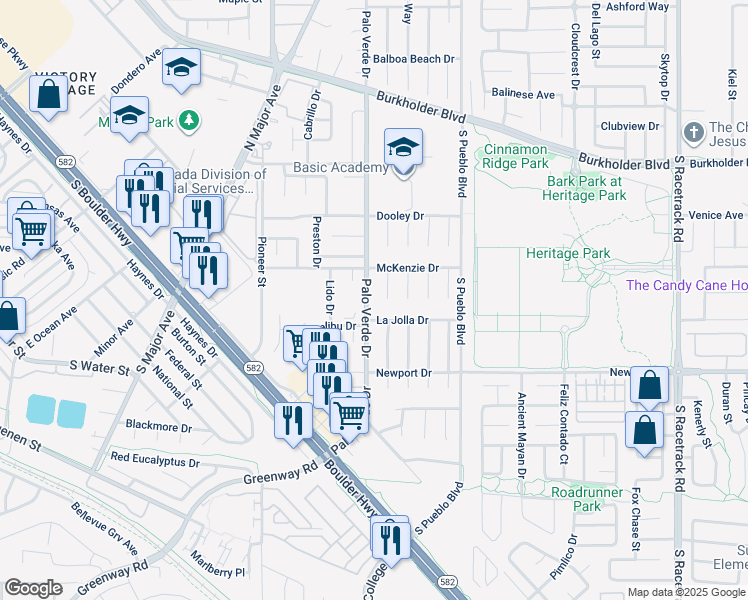 map of restaurants, bars, coffee shops, grocery stores, and more near 240 Palo Verde Drive in Henderson